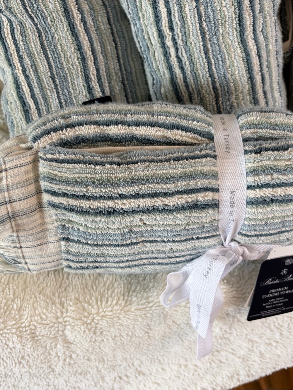 NWT Brooks Brothers Premium Turkish Aqua Green Striped Hand Towels S/2 - Picture 4 of 4